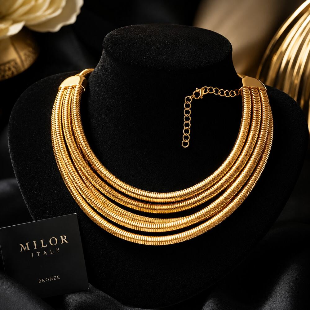 Vintage Milor Italy Bronze 5 Strand Gold Tone Collar Statement Necklace QVC MINT